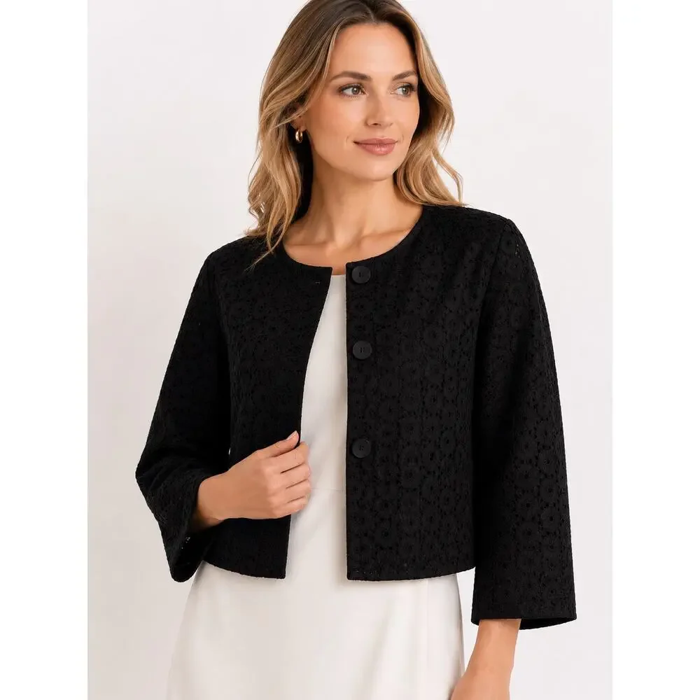 Ann Taylor Women's L Black Eyelet Embroidered Cropped Jacket Button Front Boxy